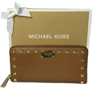 Michael Kors Jet Set Studded Zip Around Continental Wallet Acorn w/ GIFT BOX MK